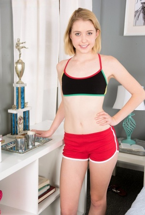 18 year old cutie Stella May gets undressed before riding on top POV style